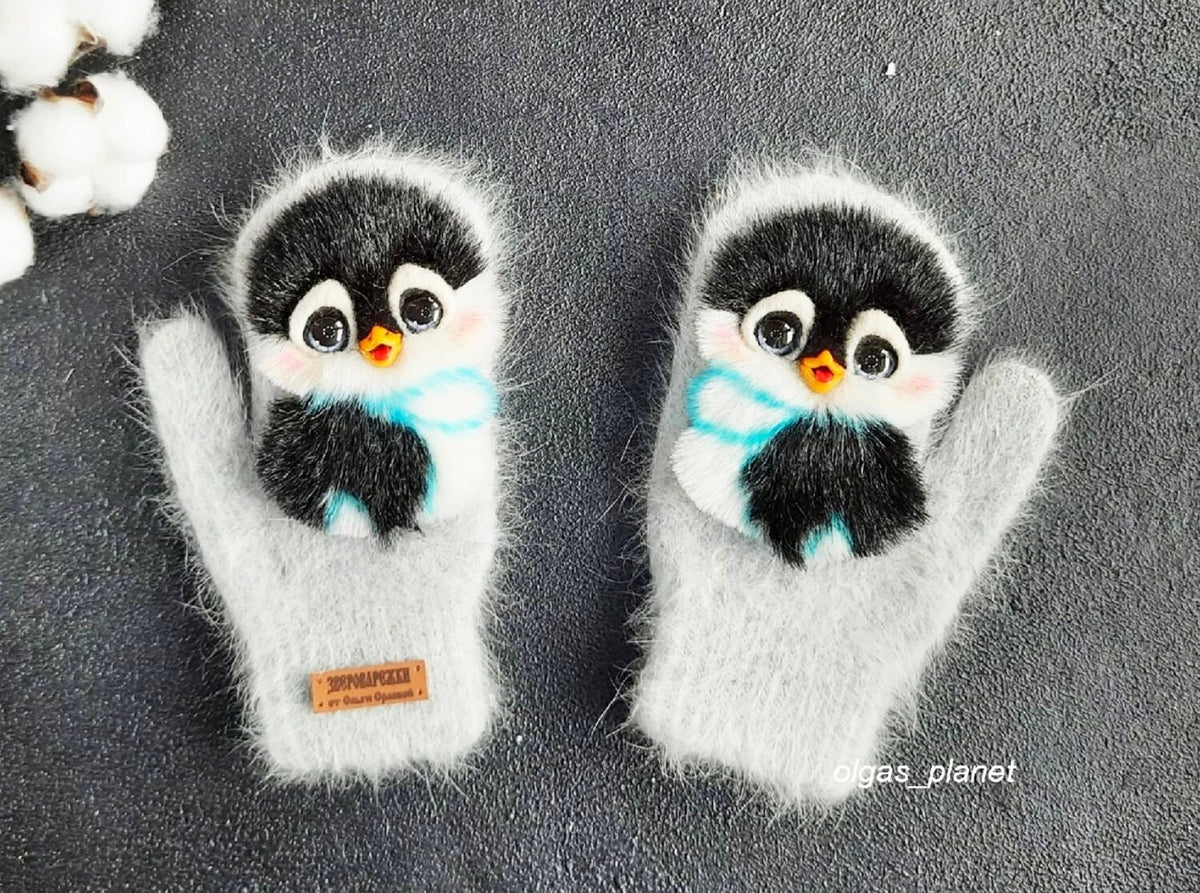 PINGUINS MITTENS, Mittens with Pinguin, Gloves for Women, Bird Mittens, Mittens with Birds, Mittens with Animals, Animal Lovers Gifts