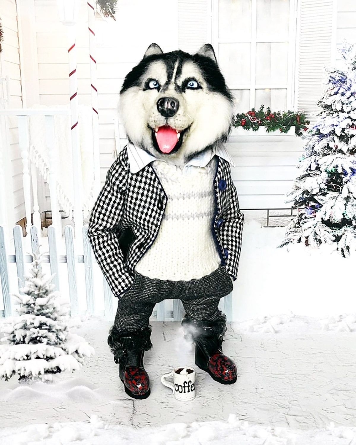 CUSTOM DOG from PHOTO, Husky Felt Doll with a Coffee Cup