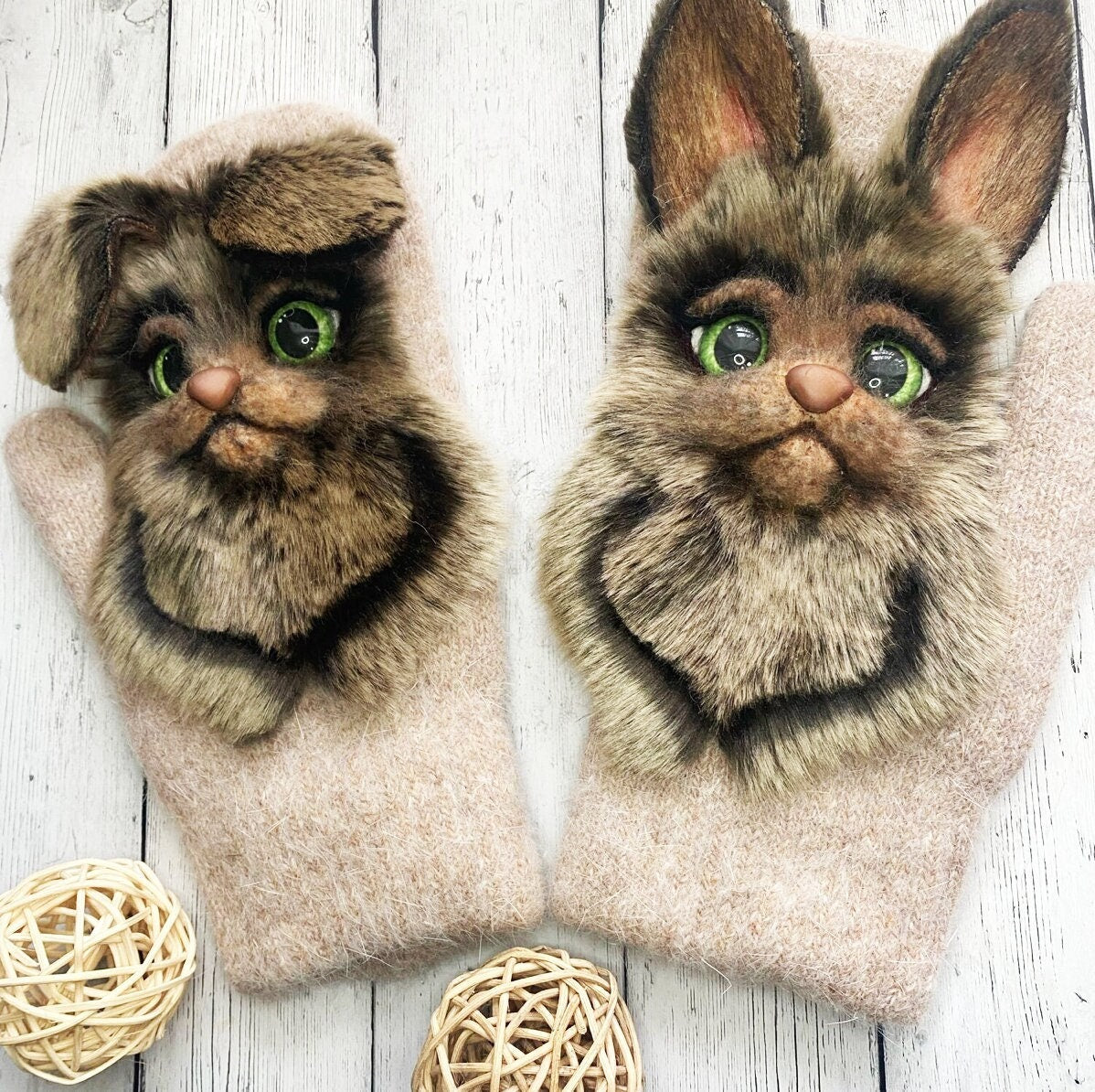 CUSTOM BUNNY MITTENS, Bunny Felt Mittens, Felt Animal Mittens, Designer Mittens, Mohair Mittens, Winter Mittens, Christmas Gifts