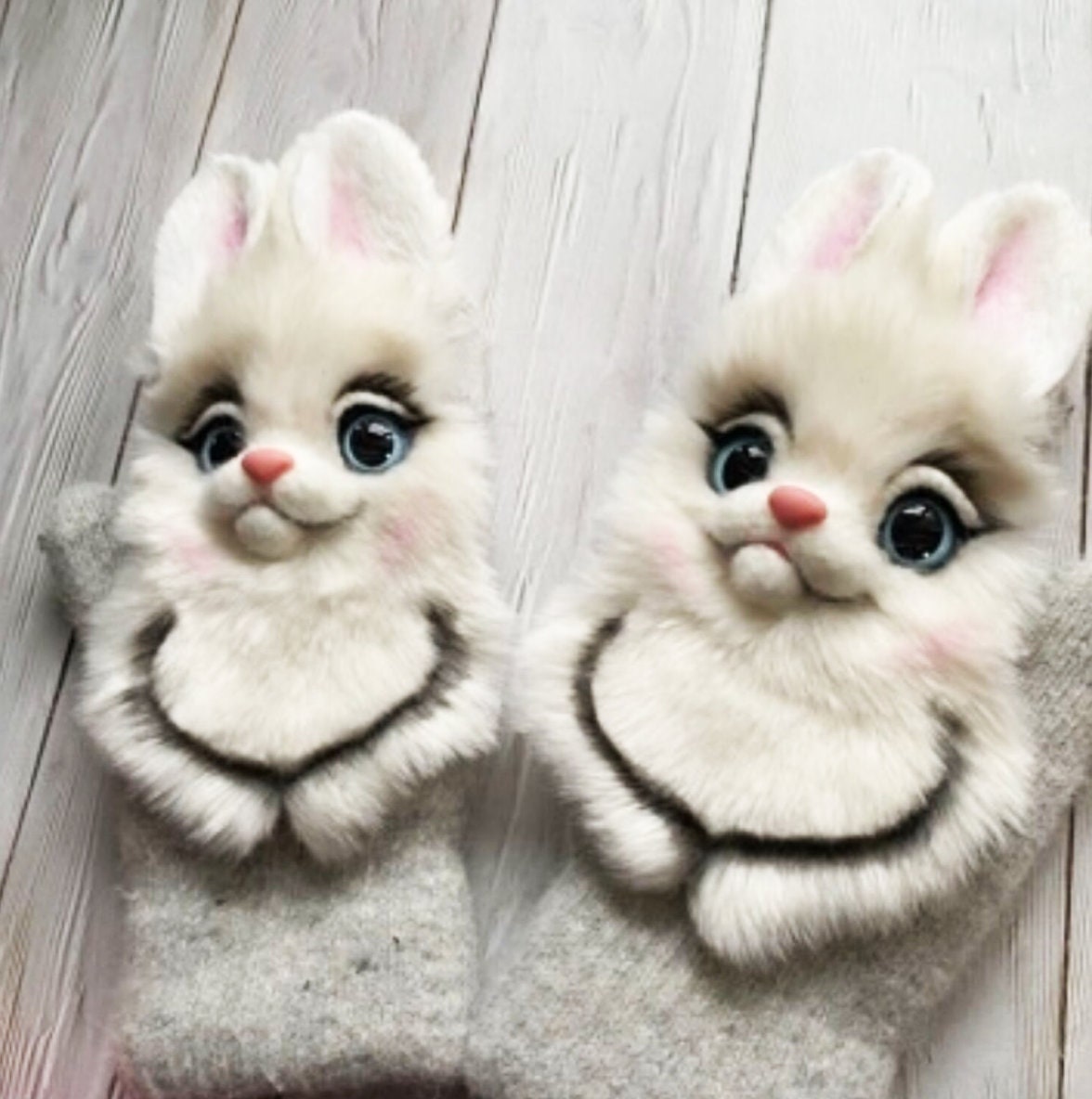 CUSTOM BUNNY MITTENS, Bunny Felt Mittens, Felt Animal Mittens, Designer Mittens, Mohair Mittens, Winter Mittens, Christmas Gifts