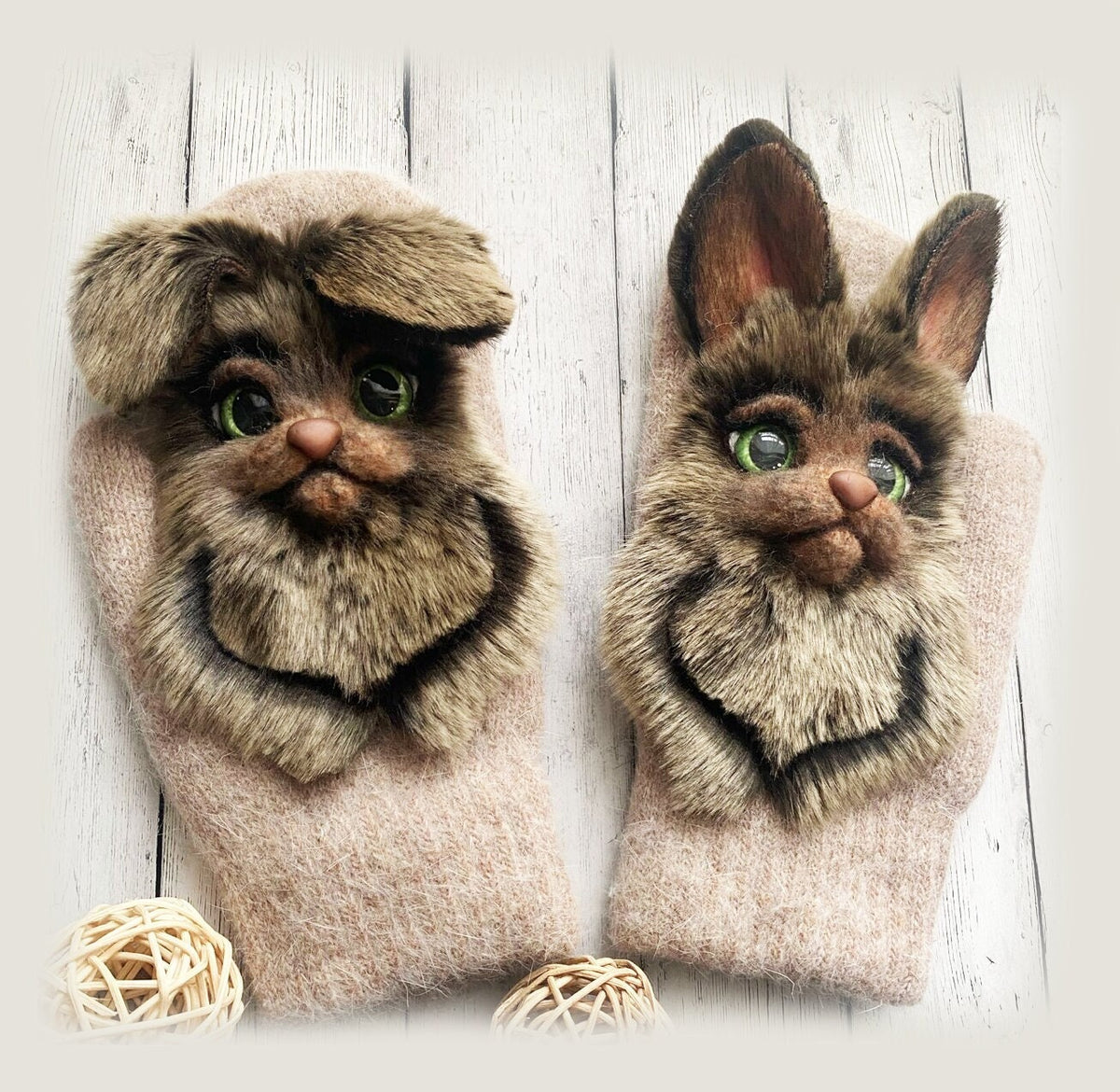 CUSTOM BUNNY MITTENS, Bunny Felt Mittens, Felt Animal Mittens, Designer Mittens, Mohair Mittens, Winter Mittens, Christmas Gifts