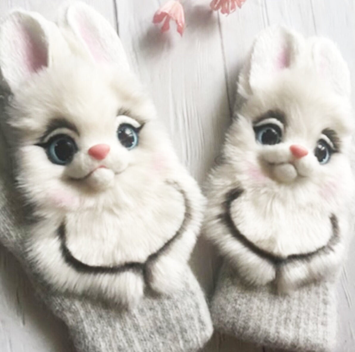 CUSTOM BUNNY MITTENS, Bunny Felt Mittens, Felt Animal Mittens, Designer Mittens, Mohair Mittens, Winter Mittens, Christmas Gifts