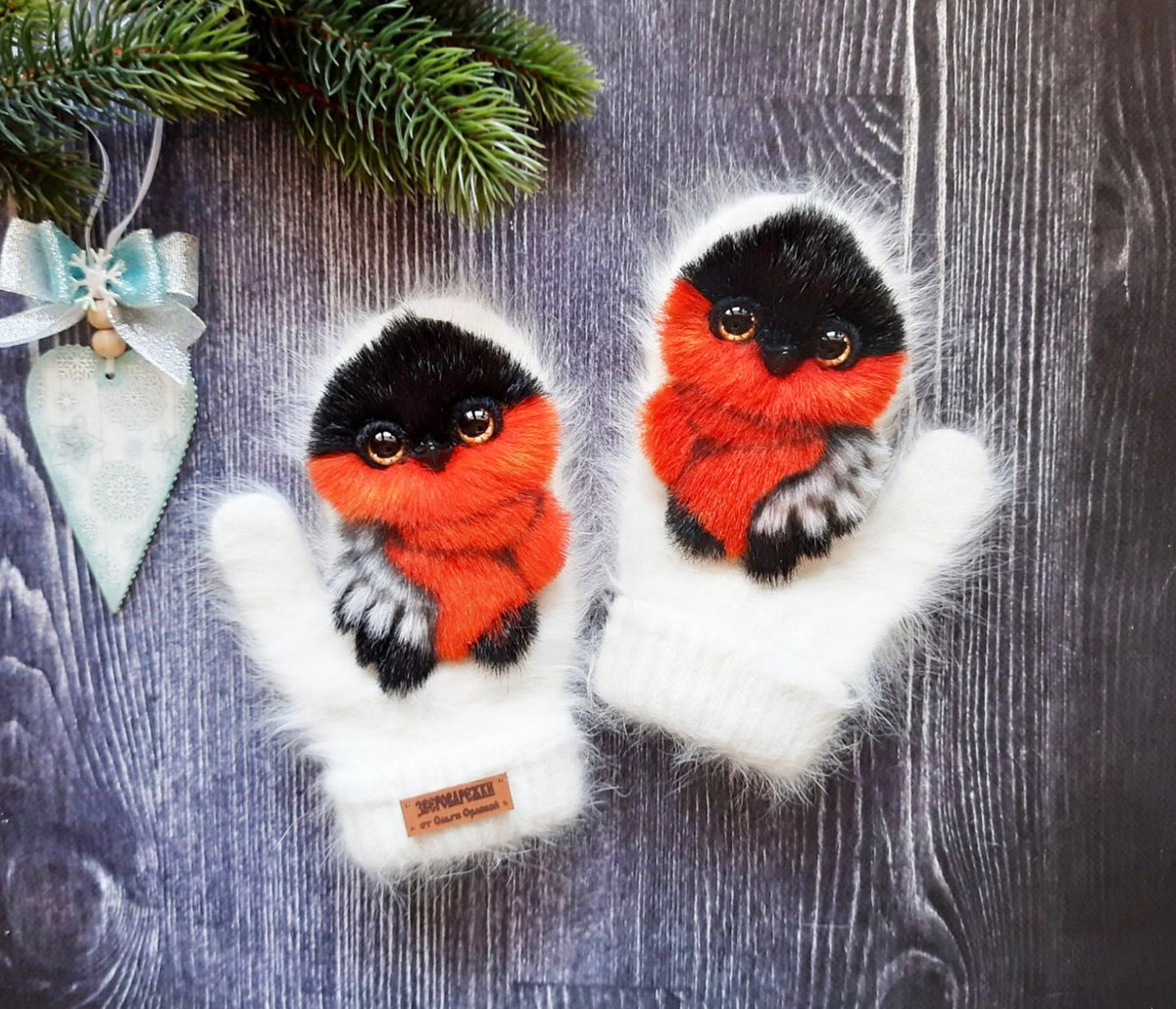 BIRD MITTENS, Mittens with Bird, Gloves for Women, Mittens Christmas, Mittens with Birds, Mittens with Animals, Animal Lovers Gift, Tomtits