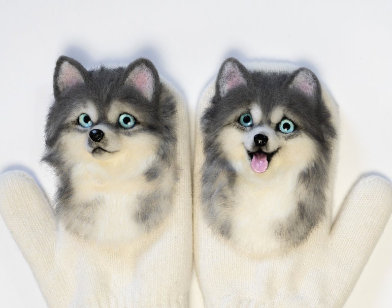 CUSTOM DOG MITTENS, Animal Mittens, Pet Mittens, Felt Animal Mittens, Designer Mittens, Mohair Mittens, Winter Mittens, Dog Lover Gifts