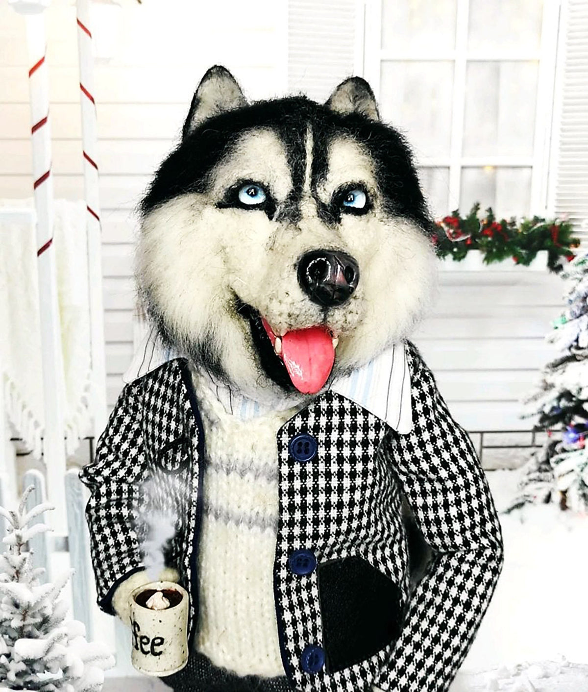 CUSTOM DOG from PHOTO, Husky Felt Doll with a Coffee Cup