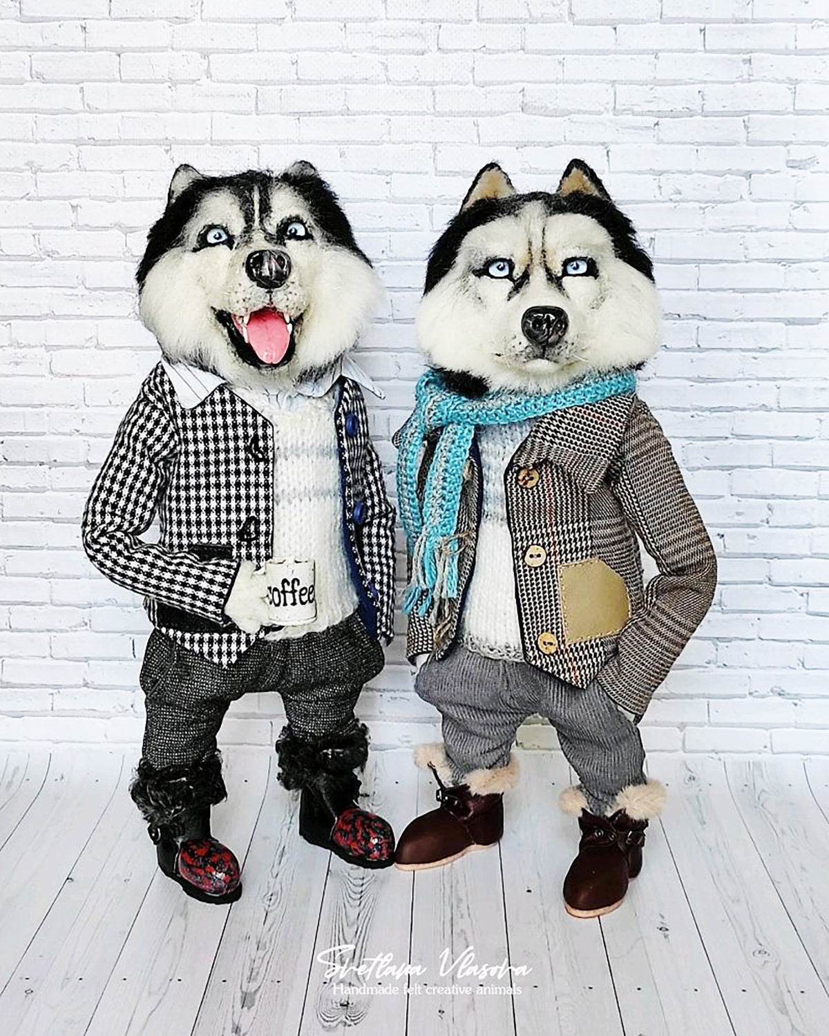 CUSTOM DOG from PHOTO, Husky Felt Doll with a Coffee Cup