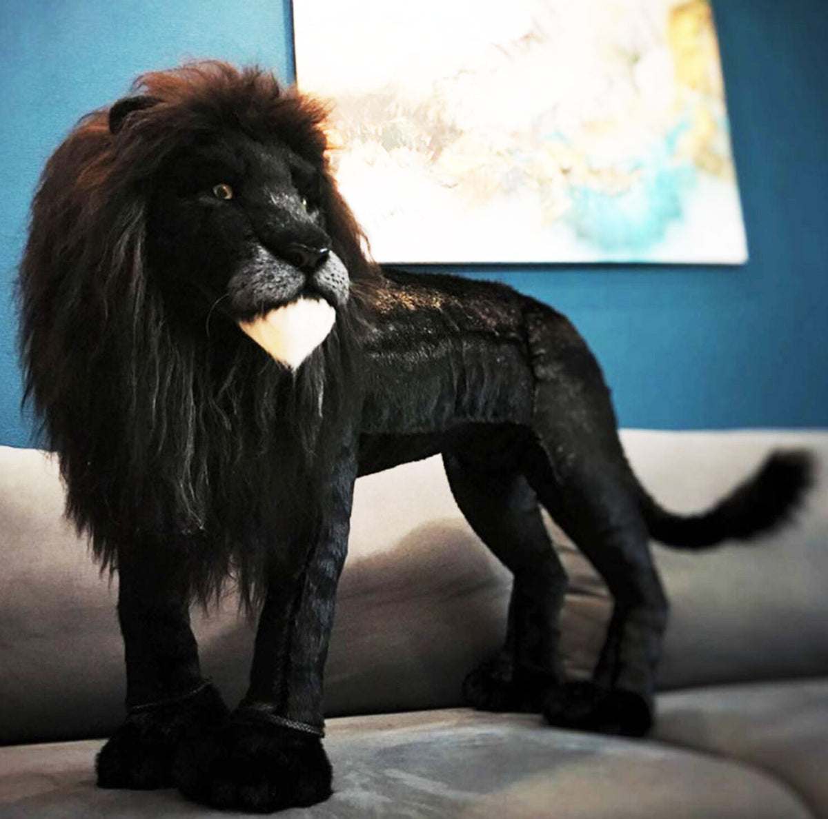 PLUSH Lion, Black Lion Stuffed Animal - Big Lion Realistic Art Doll