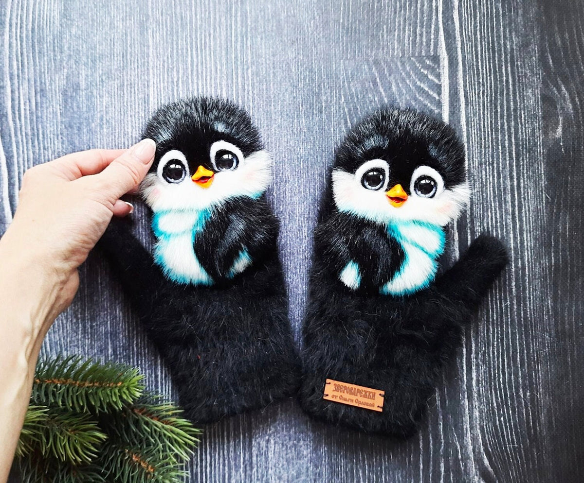 PINGUINS MITTENS, Mittens with Pinguin, Gloves for Women, Bird Mittens, Mittens with Birds, Mittens with Animals, Animal Lovers Gifts