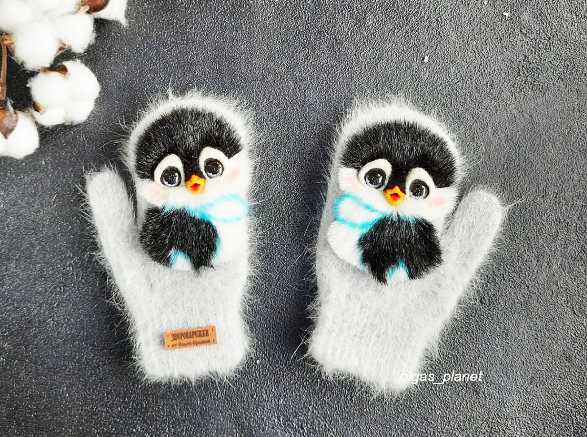 PINGUINS MITTENS, Mittens with Pinguin, Gloves for Women, Bird Mittens, Mittens with Birds, Mittens with Animals, Animal Lovers Gifts